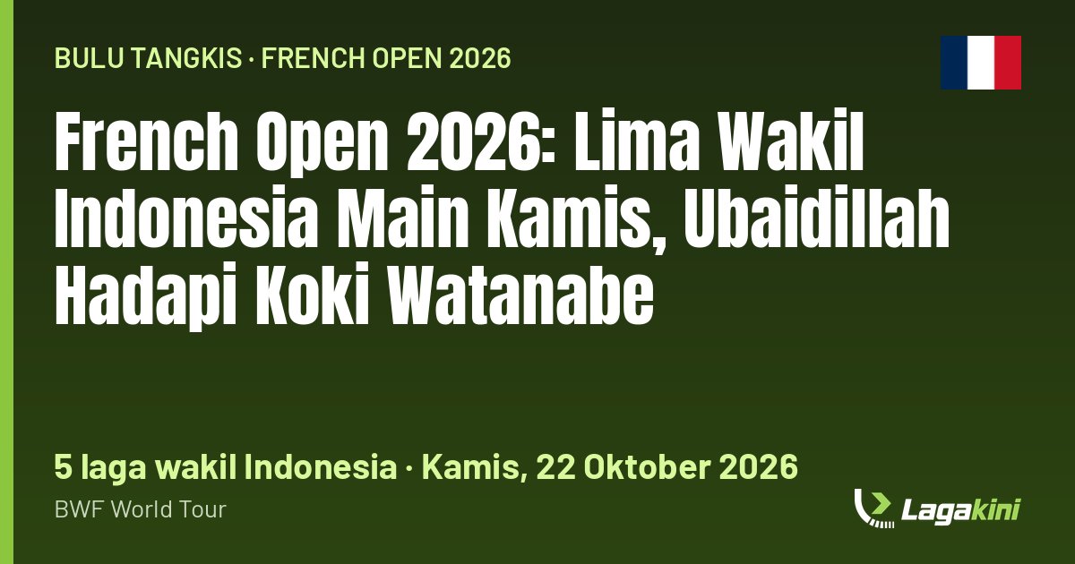 Grafis Lagakini: French Open 2026: Lima Wakil Indonesia Main Kamis, Ubaidillah Hadapi Koki Watanabe